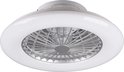 Witte plafondventilator met verlichting, vanuit een hoek