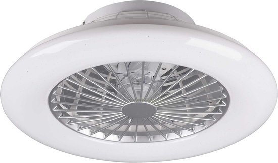 Witte plafondventilator met verlichting, vanuit een hoek