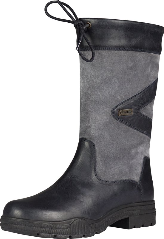 Grijze laars met donkerblauwe leren details en veter.
