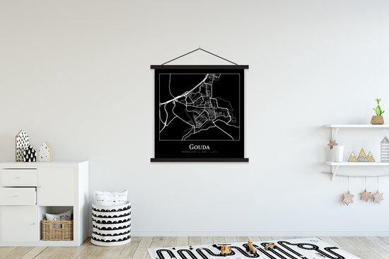 Posterhanger incl. Poster 120x120 cm - Schoolplaat - Gouda - Kaart - Stadskaart - Plattegrond - Textielposter - Zwarte latten - Stadskaart