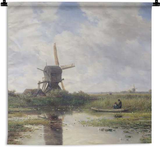 Een schilderij van een molen aan een kanaal, met een roeiboot met twee personen. Reflectie in het water.
