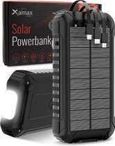 Xamax® Quickcharge Powerbank 30.000 mAh Op Zonne-energie / Solar - USB C, USB, Micro, Snellader - Draadloos Qi opladen - Slimme Zaklamp - Waterdicht