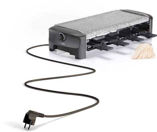Princess raclette-grill met granieten plaat en stroomkabel met stekker.