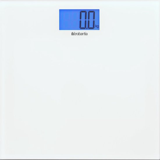 Balance personnelle numérique blanche avec écran bleu.