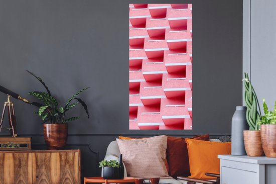 Muurstickers - Sticker Folie - Roze - Balkon - Zomer - Architectuur - 60x120 cm - Plakfolie - Muurstickers Kinderkamer - Zelfklevend Behang - Zelfklevend behangpapier - Stickerfolie