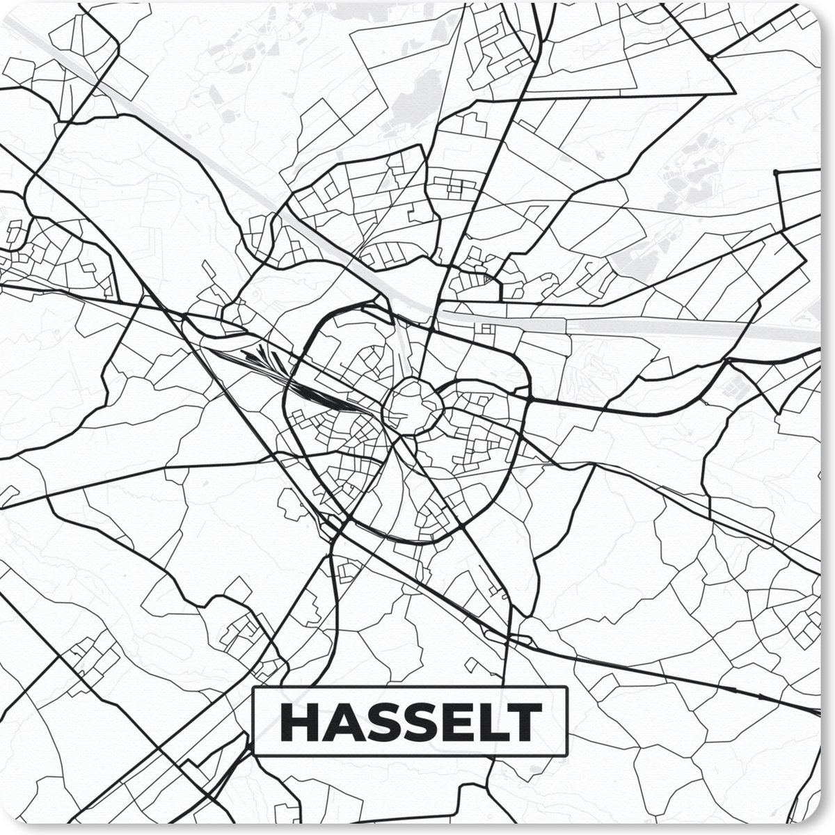 Muismat 20x20 cm - Mousepad België – Hasselt – Stadskaart – Kaart – Zwart Wit – Plattegrond - Muismatten - Stadskaart