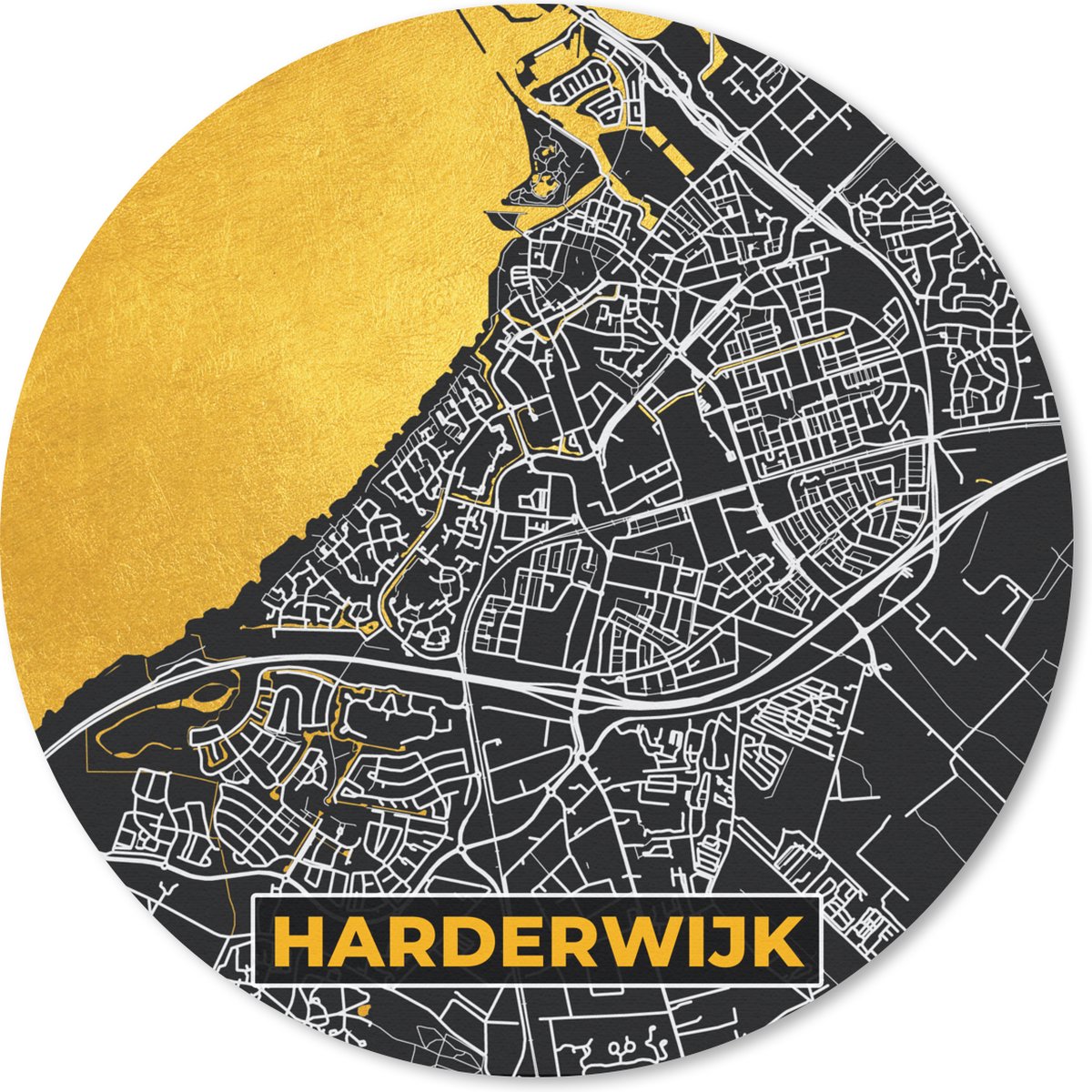 Muismat rond 20x20 cm - Mousepad Harderwijk - Black and Gold - Plattegrond - Kaart - Stadskaart - Ronde muismatten - Stadskaart