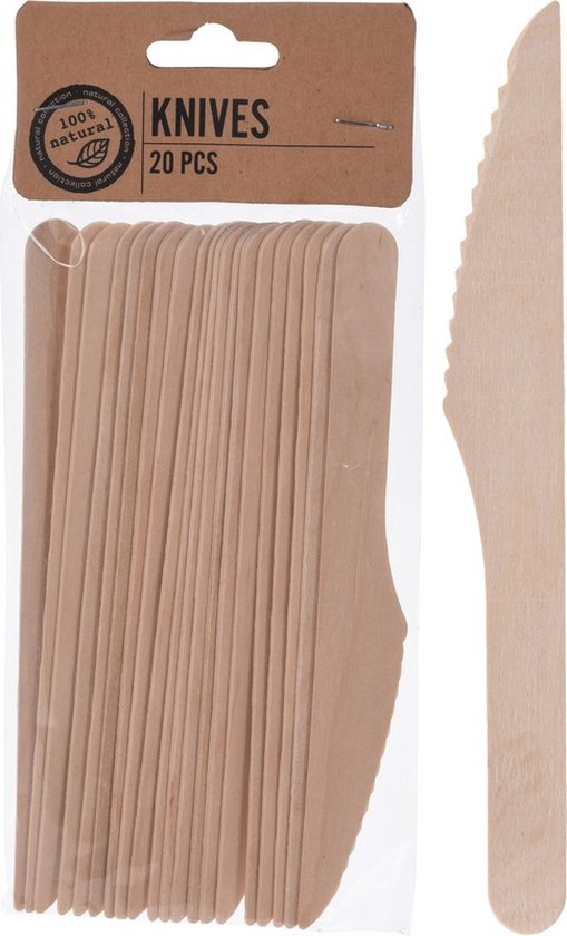 20 houten messen, 16 cm lang, lichtbruin van kleur, met gekartelde snijrand.