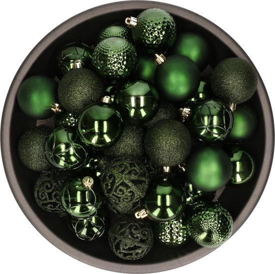 37x boules de Noël en plastique/plastique vert foncé 6 cm mix - Incassable - Décorations pour Décorations pour sapins de Noël de Noël / Décorations de Noël