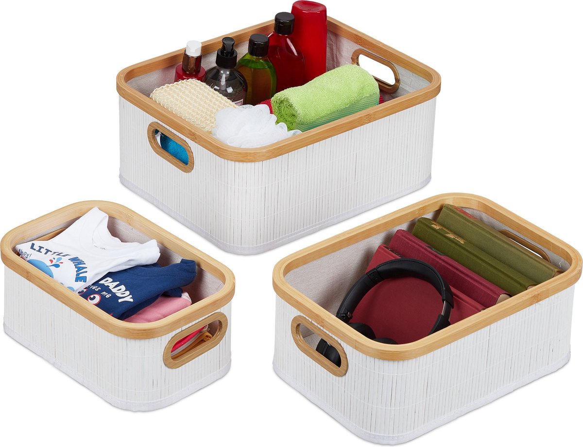 mandjes badkamer - set van 3 - 3 groottes - handgrepen - voor speelgoed - wit