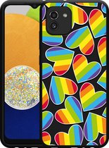 Hoesje Zwart Geschikt voor Samsung Galaxy A03 Regenboog Hartjes