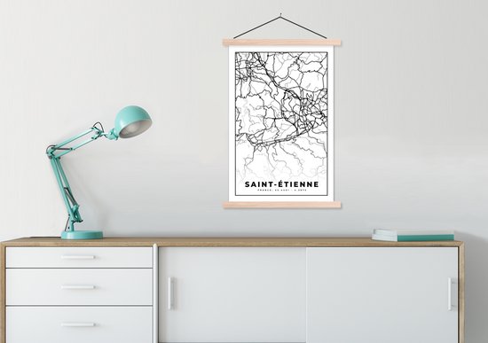 Porte-affiche avec Poster - Affiche scolaire - Plan de la ville - Saint-Étienne - Carte - Carte - France - Zwart et blanc - 60x90 cm - Lattes vierges