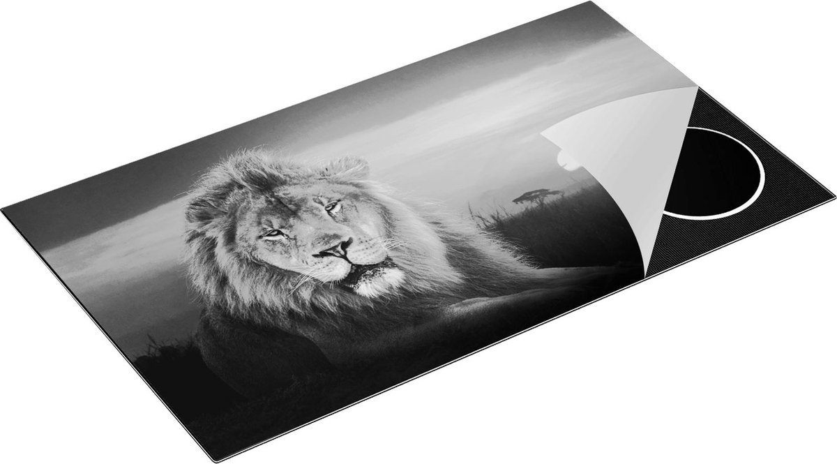 Chefcare Inductie Beschermer Leeuw in de Savanne - Zonsondergang - Zwart Wit - 90x50 cm - Afdekplaat Inductie - Kookplaat Beschermer - Inductie Mat