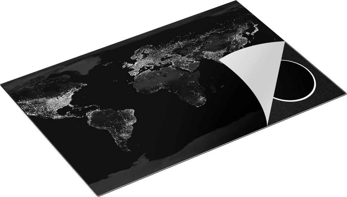Chefcare Inductie Beschermer Wereldkaart met Licht Observaties - Zwart Wit - 80x50 cm - Afdekplaat Inductie - Kookplaat Beschermer - Inductie Mat