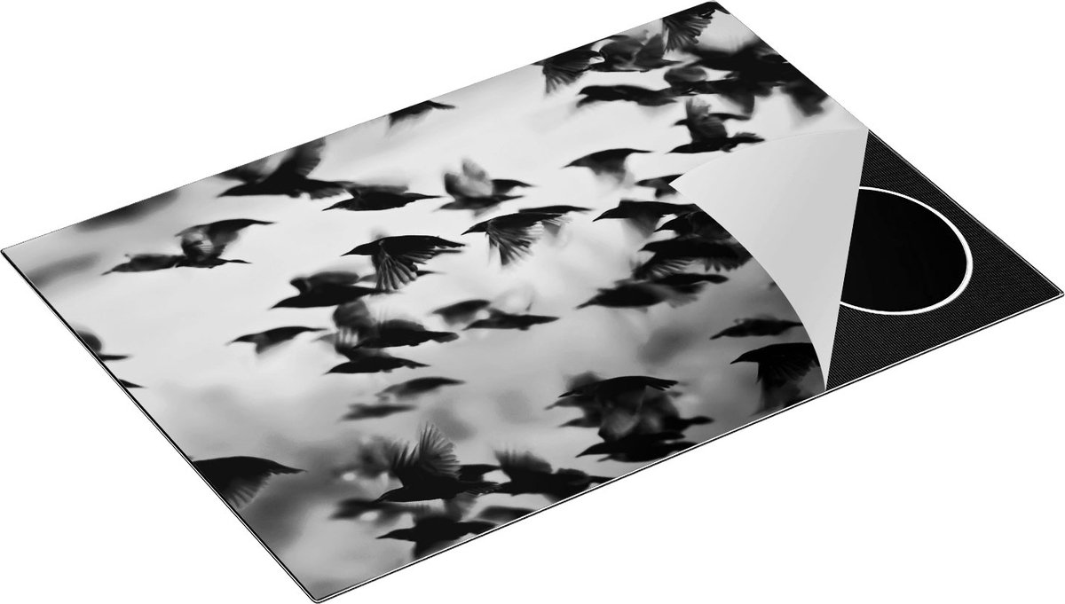 Chefcare Inductie Beschermer Groep Vliegende Blauwe Spreeuw Vogels - Zwart Wit - 77x51 cm - Afdekplaat Inductie - Kookplaat Beschermer - Inductie Mat