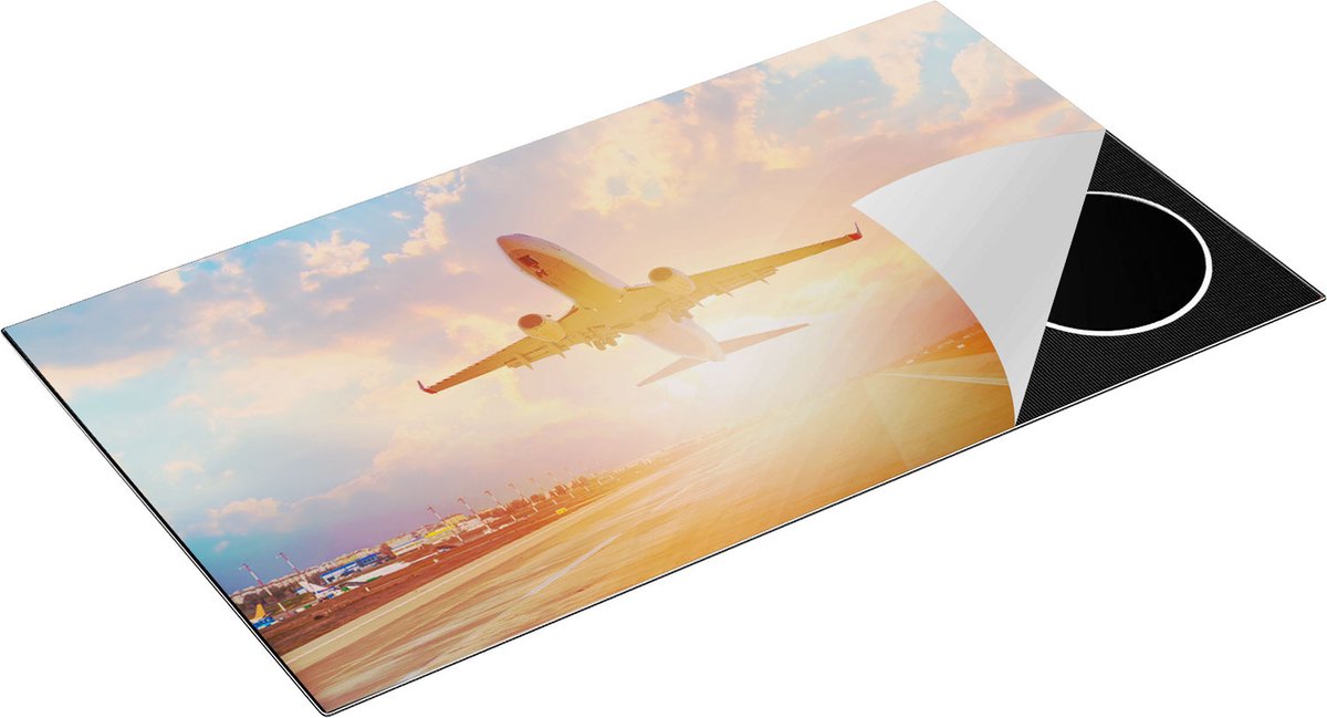 Chefcare Inductie Beschermer Vliegtuig Stijgt op het Landingsbaan met Zon - 95x55 cm - Afdekplaat Inductie - Kookplaat Beschermer - Inductie Mat