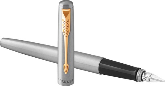 Parker Jotter balpen | roestvrij staal met gouden onderdelen | middelste punt | blauwe inkt | blisterverpakking