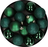12x boules de Noël en plastique vert foncé 6 cm mat/brillant/paillettes - Boules de Noël en plastique incassables - Décorations de Noël