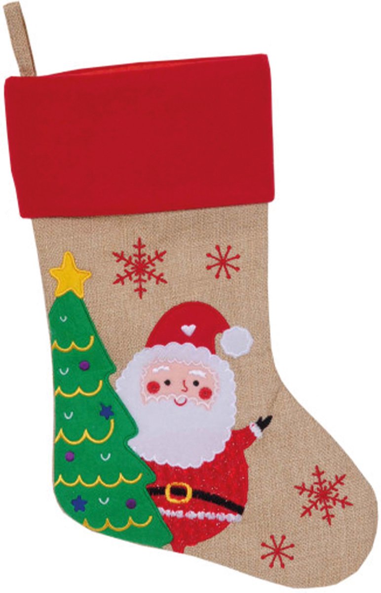 Kerstsok beige/rood met kerstman print 46 cm - Kerstversiering/kerstdecoratie kerstsokken