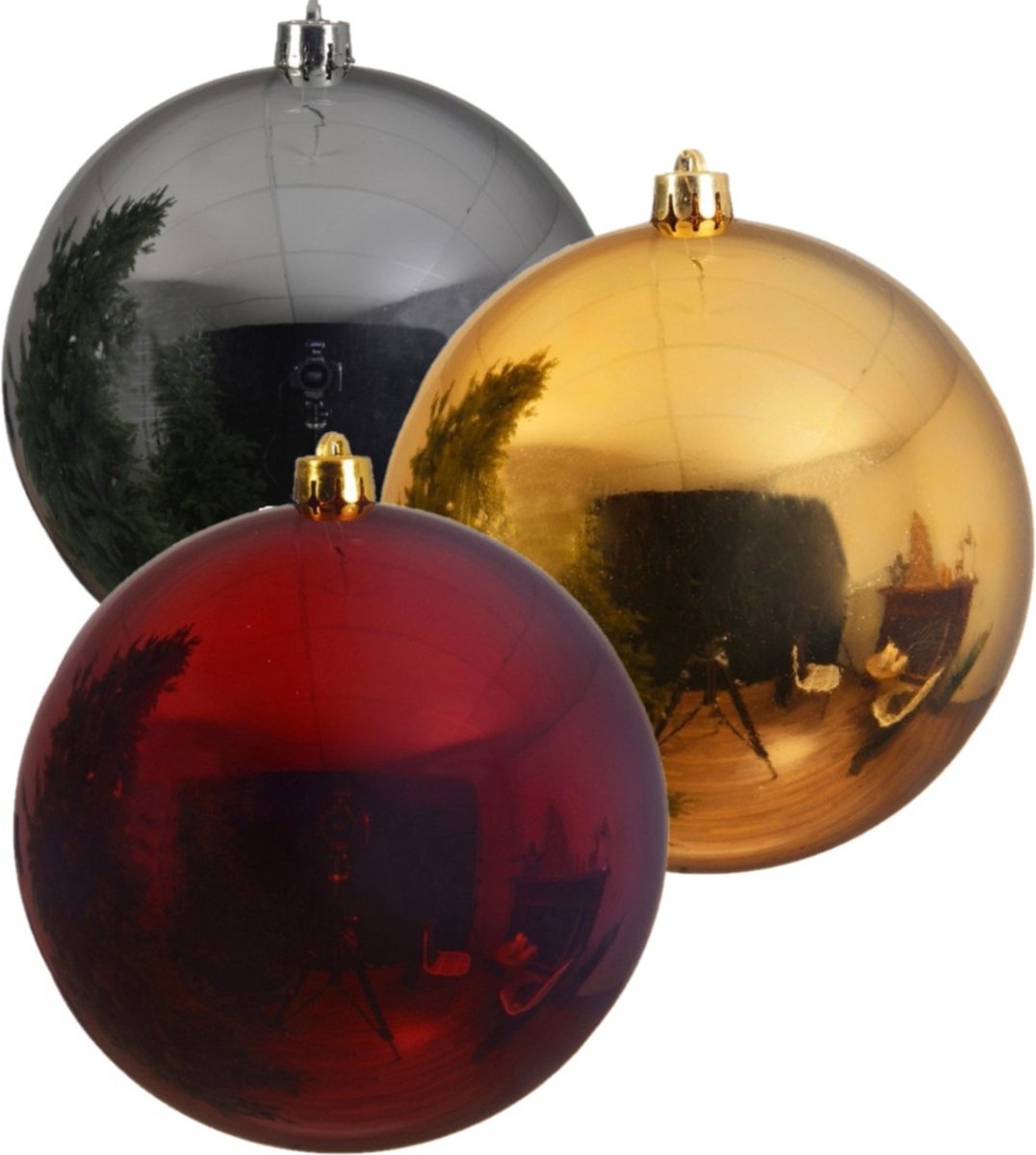 Kerstversieringen set van 6x grote kunststof kerstballen goud-zilver-rood 14 cm glans - 2x per kleur