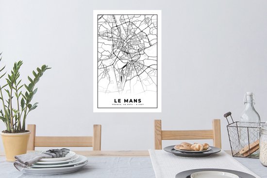 Stickers muraux - Plan d'étage - Carte - Le Mans - France - Plan de la ville - Zwart et blanc - 40x60 cm - Film adhésif