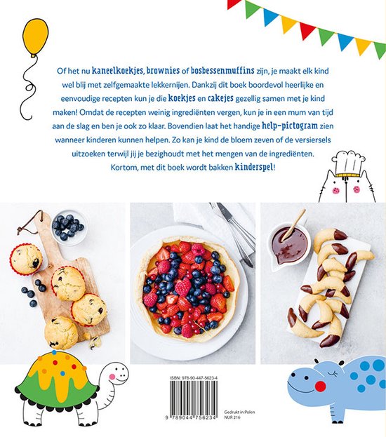 Achterkant boek 'Bakpret met kinderen' met recepten en afbeeldingen van muffins, taart met fruit en koekjes. Met kinderillustraties.