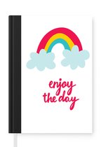Notitieboek - Schrijfboek - Illustratie met de quote "Enjoy the day" en een regenboog - Notitieboekje klein - A5 formaat - Schrijfblok
