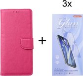 Bookcase Geschikt voor: Oppo Find X5 - Roze - Portemonnee hoesje met 3 stuk Glas Screen protector