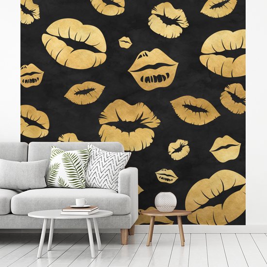 Papier peint - Papiers Papier peint photo Motifs - Kiss - Or - Zwart - Largeur 300 cm x Hauteur 300 cm