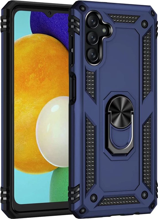 HB Hoesje Geschikt voor Samsung Galaxy A04S & M13 Blauw - Anti-Shock Hybrid Armor Back Cover - Hoes met Kickstand Ring