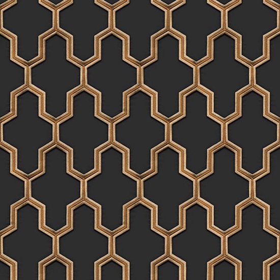 Donkergrijs behang met een goudkleurig geometrisch patroon van elkaar overlappende zeshoeken.