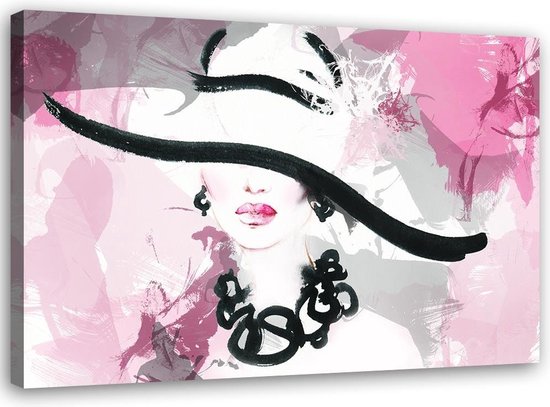 Trend24 - Canvas Schilderij - Vrouw In Een Hoed - Schilderijen - Glamour - 90x60x2 cm - Roze