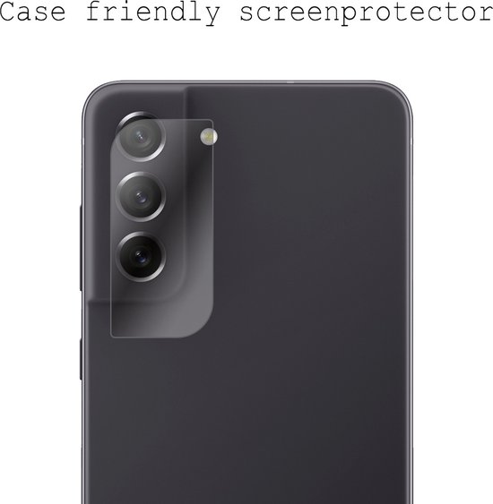 Transparante camerabeschermer, case friendly, op een donkergrijze Samsung telefoon.