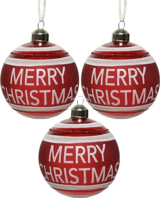 3x Rode glazen kerstballen Merry Christmas 8 cm Rode kerstballen