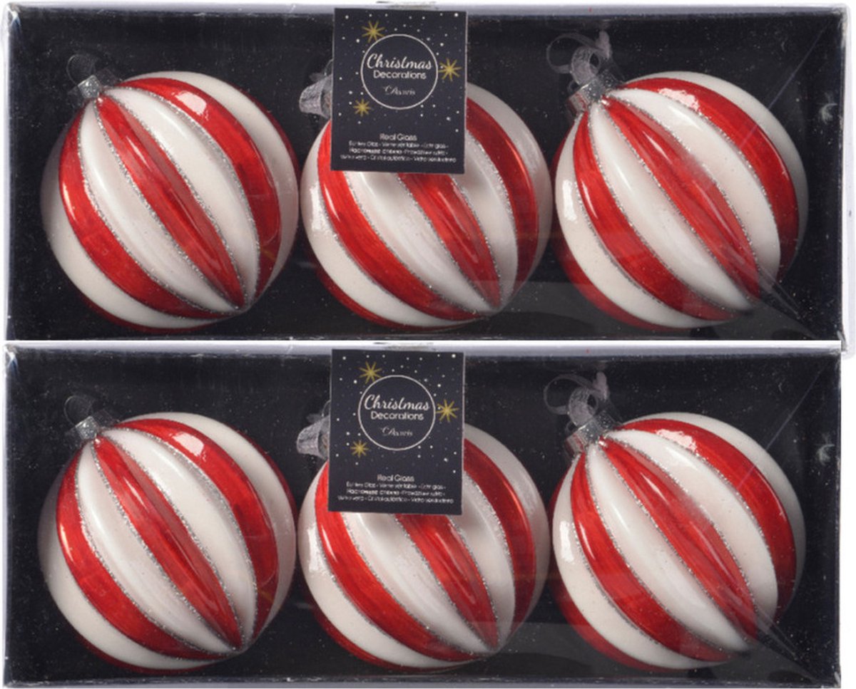 Decoris Luxe kerstballen - 3x - rood/wit gestreept - D8 cm - glas - glitter - brass - Kerstversiering/kerstboomversiering – foto 4