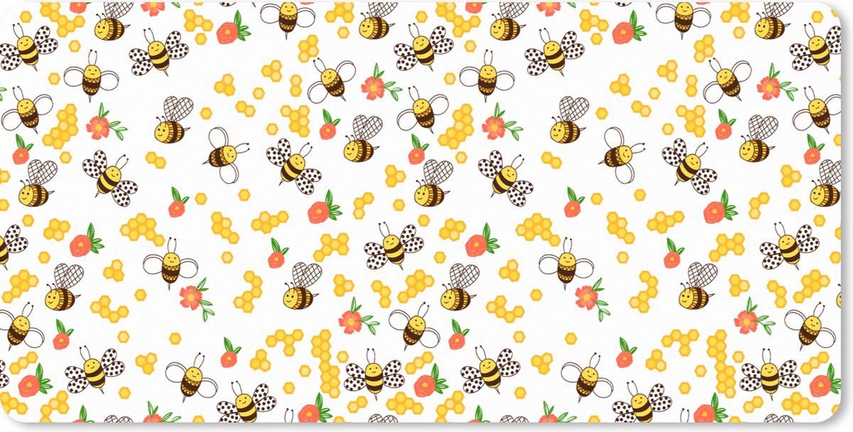 Muismat XXL 80x40 cm - Bureau onderlegger - Bureau mat Honing - Bij - Bloemen - Patronen - Lente - Bureaumat - Gaming mousepad xl - Bureaulegger groot - Computer deskmat