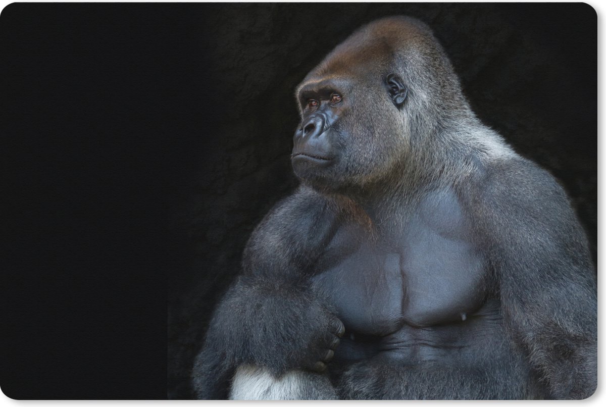 Muismat XXL 90x60 cm - Bureau onderlegger - Bureau mat Een gespierde Gorilla op een zwarte achtergrond - Bureaumat - Gaming mousepad xl - Bureaulegger groot - Computer deskmat