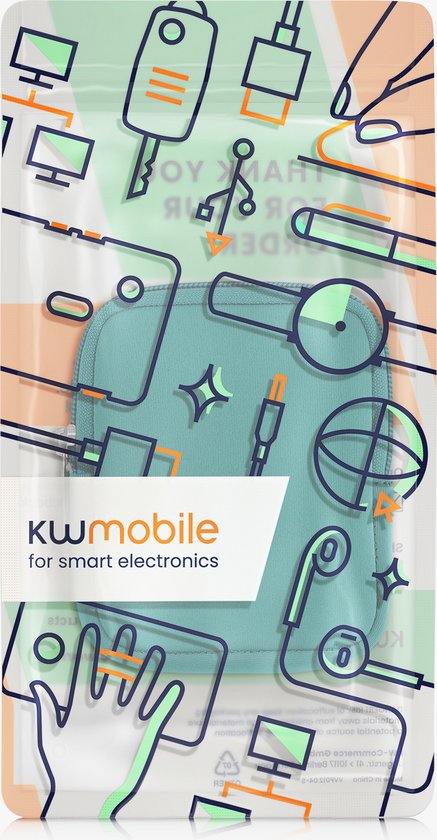 Verpakking van kwmobile met hoesje voor e-bike display, met illustraties van elektronica accessoires.