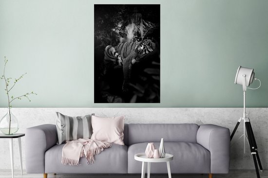 Affiche Tigre et papillons dans la jungle - noir et blanc - 80x120 cm