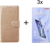 Bookcase Geschikt voor: Oppo A76 Goud - Portemonnee hoesje met 3 stuk Glas Screen protector - ZT Accessoires