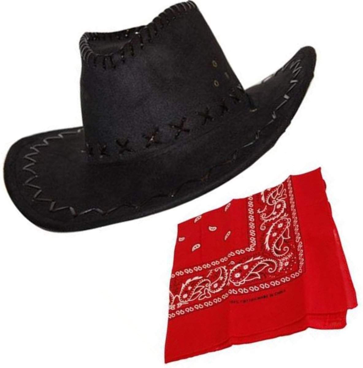 Cowboy verkleed set - Cowboyhoed zwart suede look - met rode western zakdoek - carnaval - volwassenen