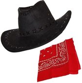 Cowboy verkleed set Cowboyhoed zwart suede look met rode western zakdoek