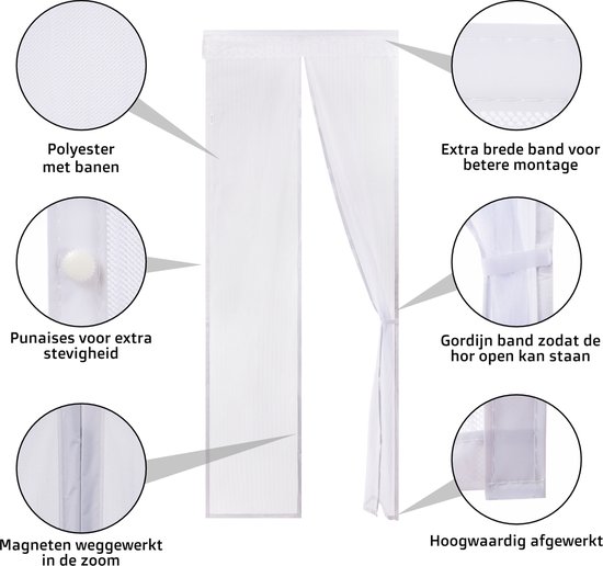 Wit polyester deurgordijn met extra brede band voor montage, drukknoopjes en magneten.