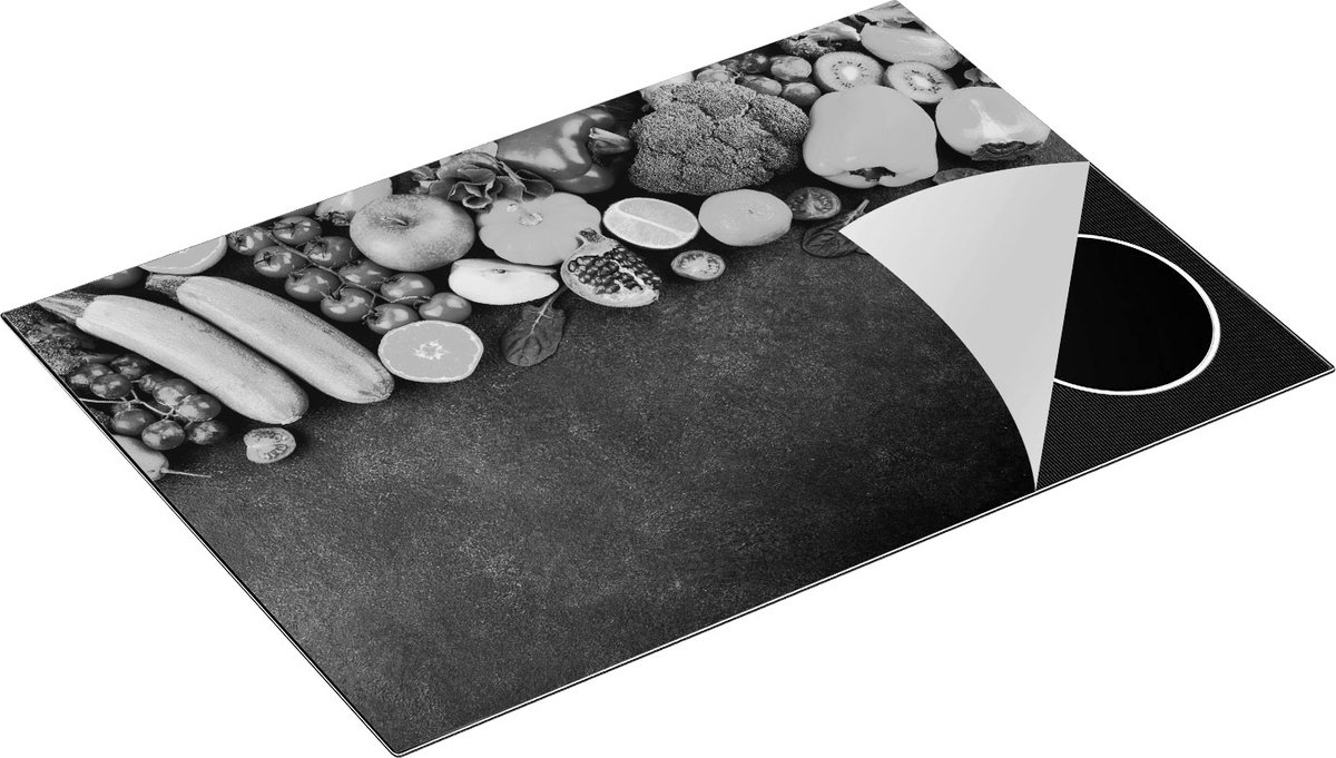 Chefcare Inductie Beschermer Groente en Fruit op Zwarte Marmer - Zwart Wit - 77x51 cm - Afdekplaat Inductie - Kookplaat Beschermer - Inductie Mat