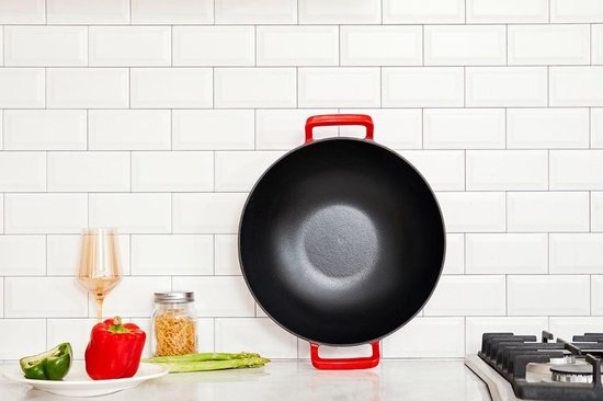 Buccan | Wokpan 36cm | Wokpan met glazen deksel en rooster rood 36 cm