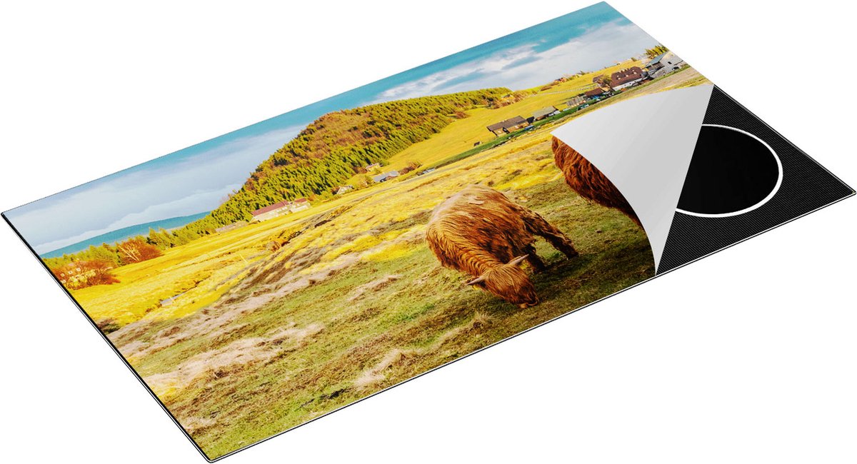 Chefcare Inductie Beschermer Twee Schotse Hooglanders bij een Dorp - 95x55 cm - Afdekplaat Inductie - Kookplaat Beschermer - Inductie Mat