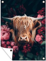 Tuinposter - Schotse hooglander - Tuin - Roze - Botanisch - Dieren - 90x120 cm - Tuindoek - Muurdecoratie