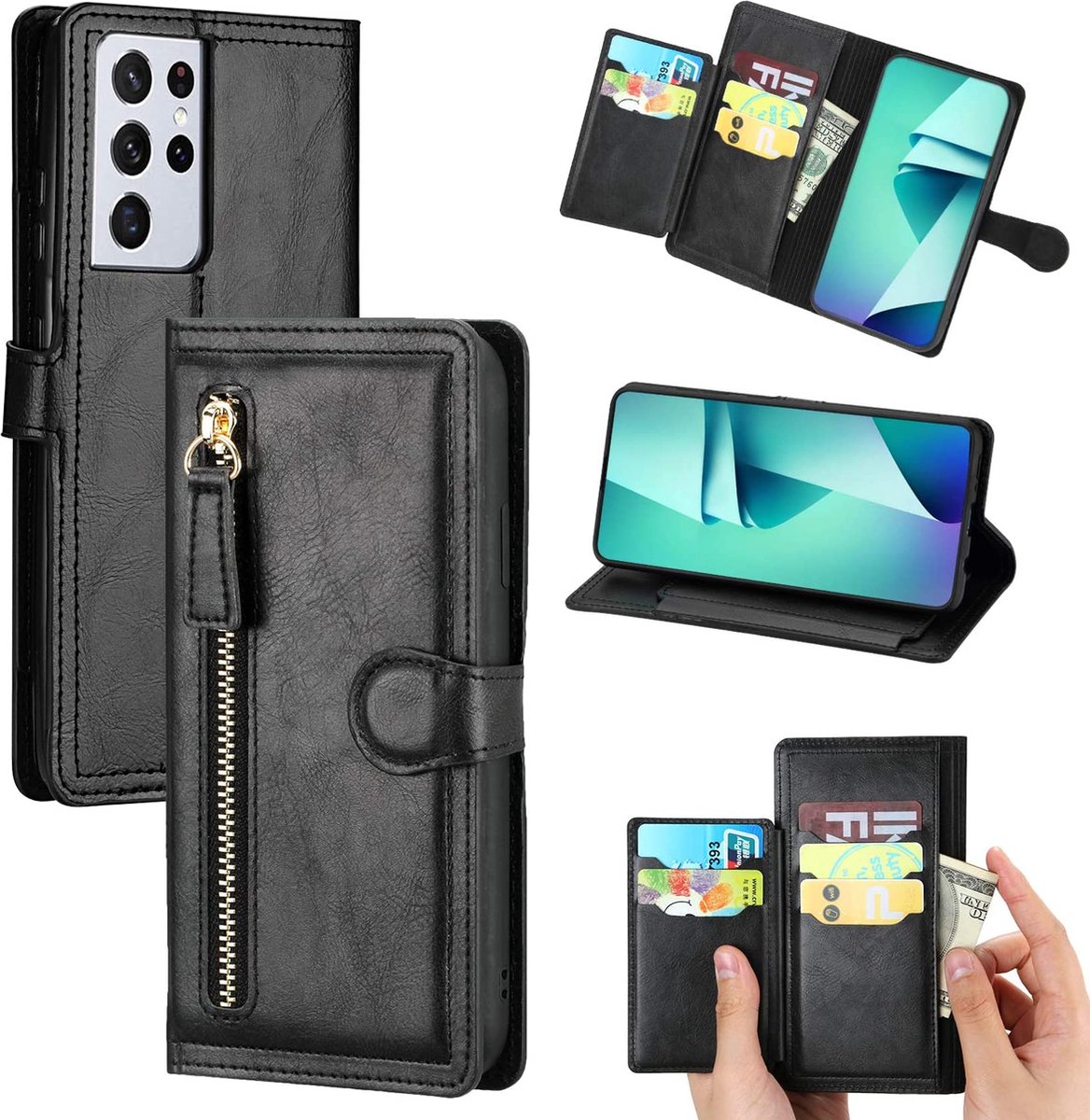 Bookcase Hoesje Geschikt voor: Samsung Galaxy A13 4G met ritssluiting - Flipcover - Magnetisch - 5 kaarten houder - Zwart