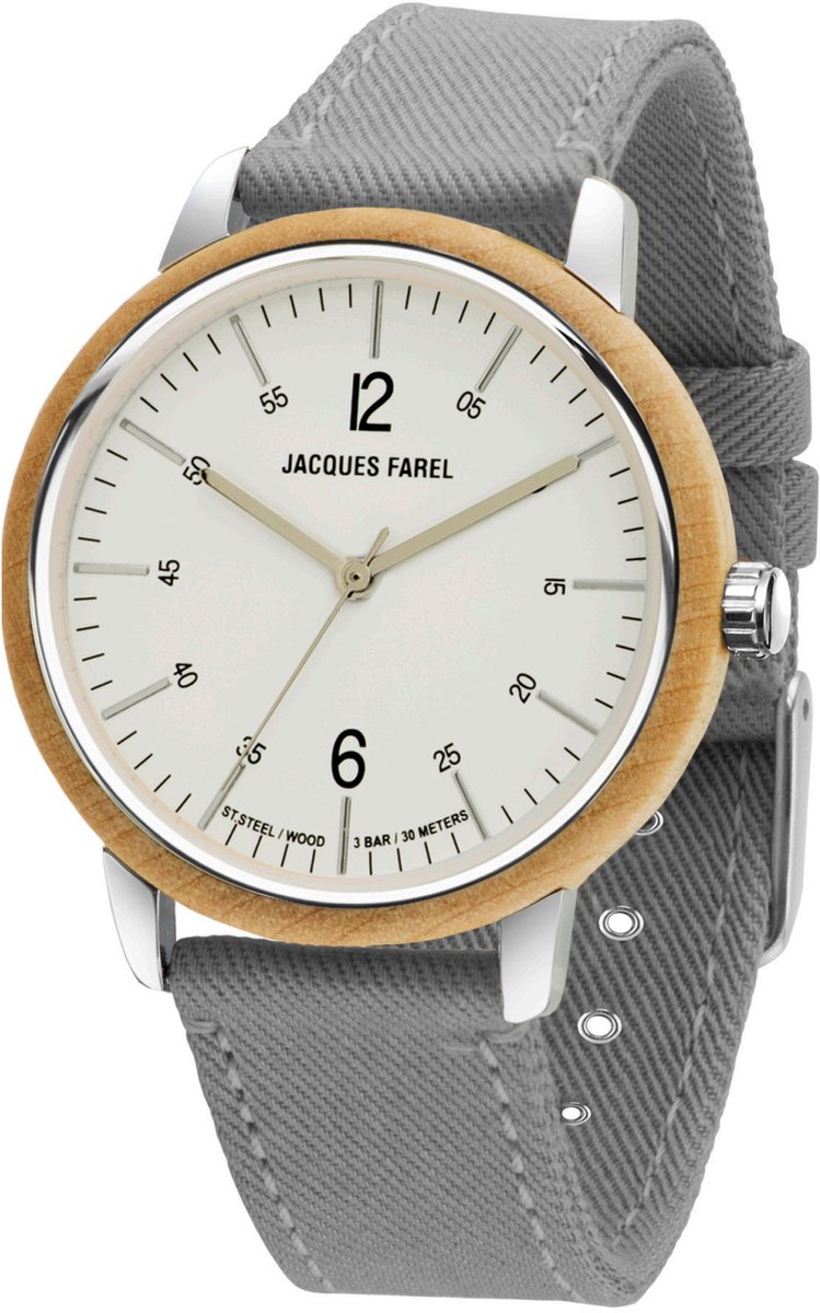 JACQUES FAREL hayfield - Horloge Duurzaam - Vegan Horloge - Analoog - Grijs - Unisex - Ahornhout - Verstelbaar bandje 16-21 cm - 3 Bar - ORW 1038