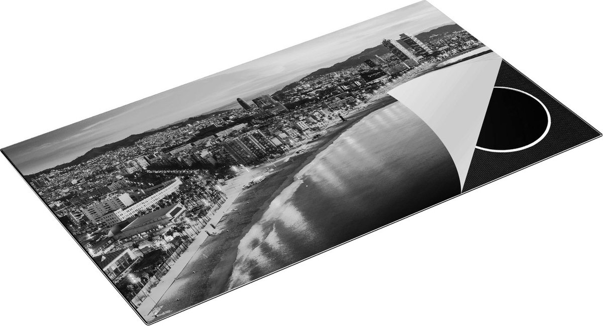 Chefcare Inductie Beschermer Barcelona Strand met Stad bij Zonsondergang - Zwart Wit - 95x50 cm - Afdekplaat Inductie - Kookplaat Beschermer - Inductie Mat